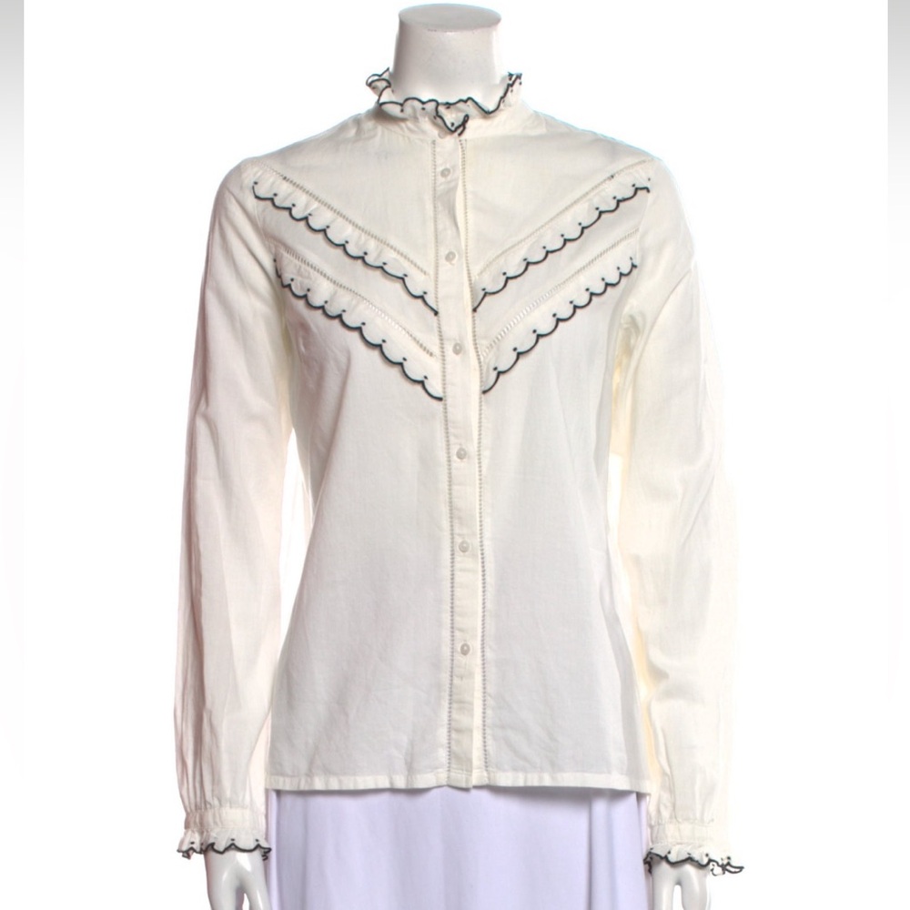 Charlior White Mock Neck Button Down Frill Shirt Sz S